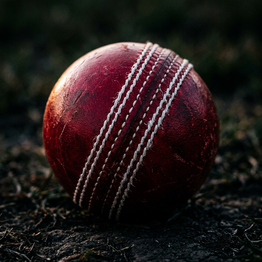 Close-up of a red cricket ball with detailed seam