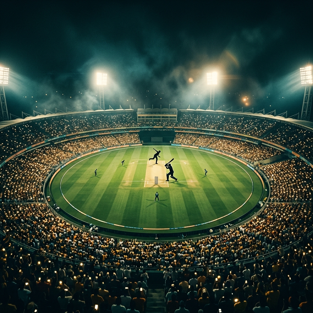 Cricket stadium lit up at night with packed crowd