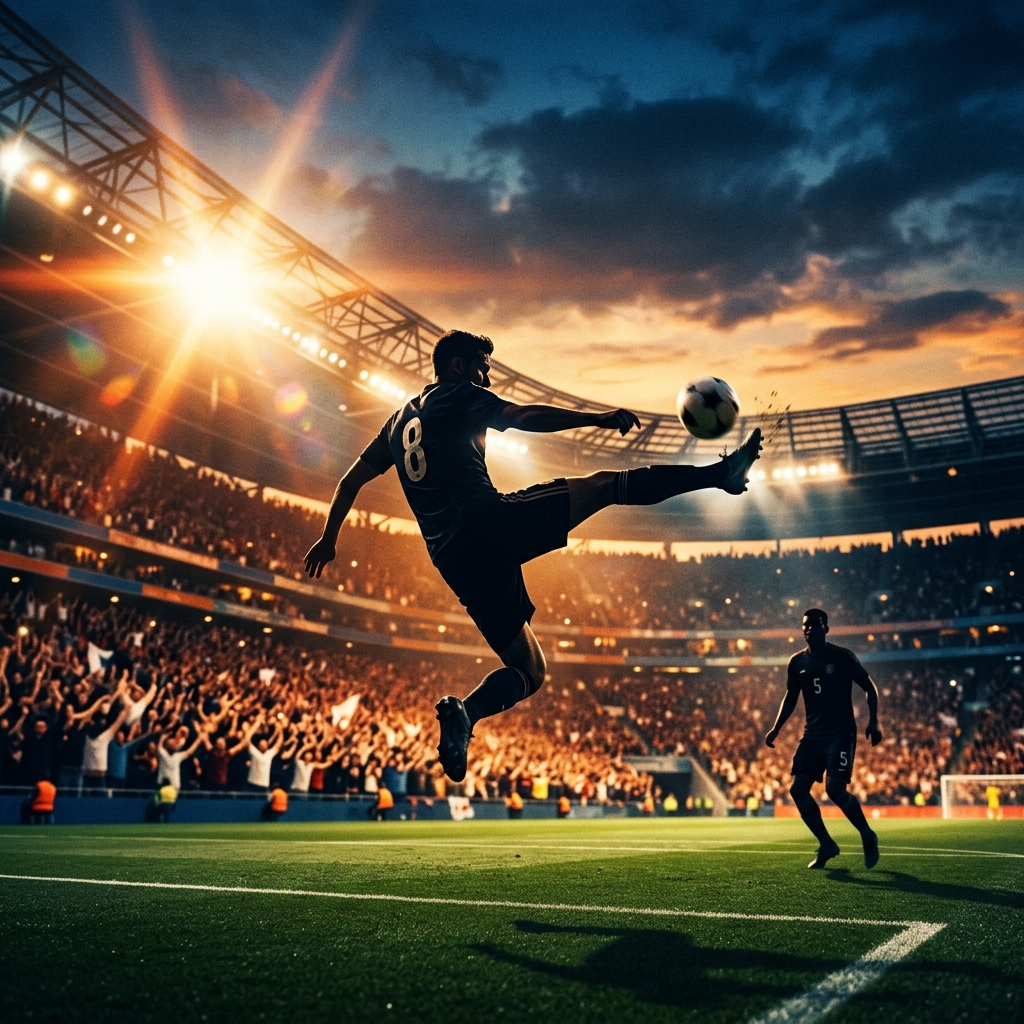 Football match action at golden hour